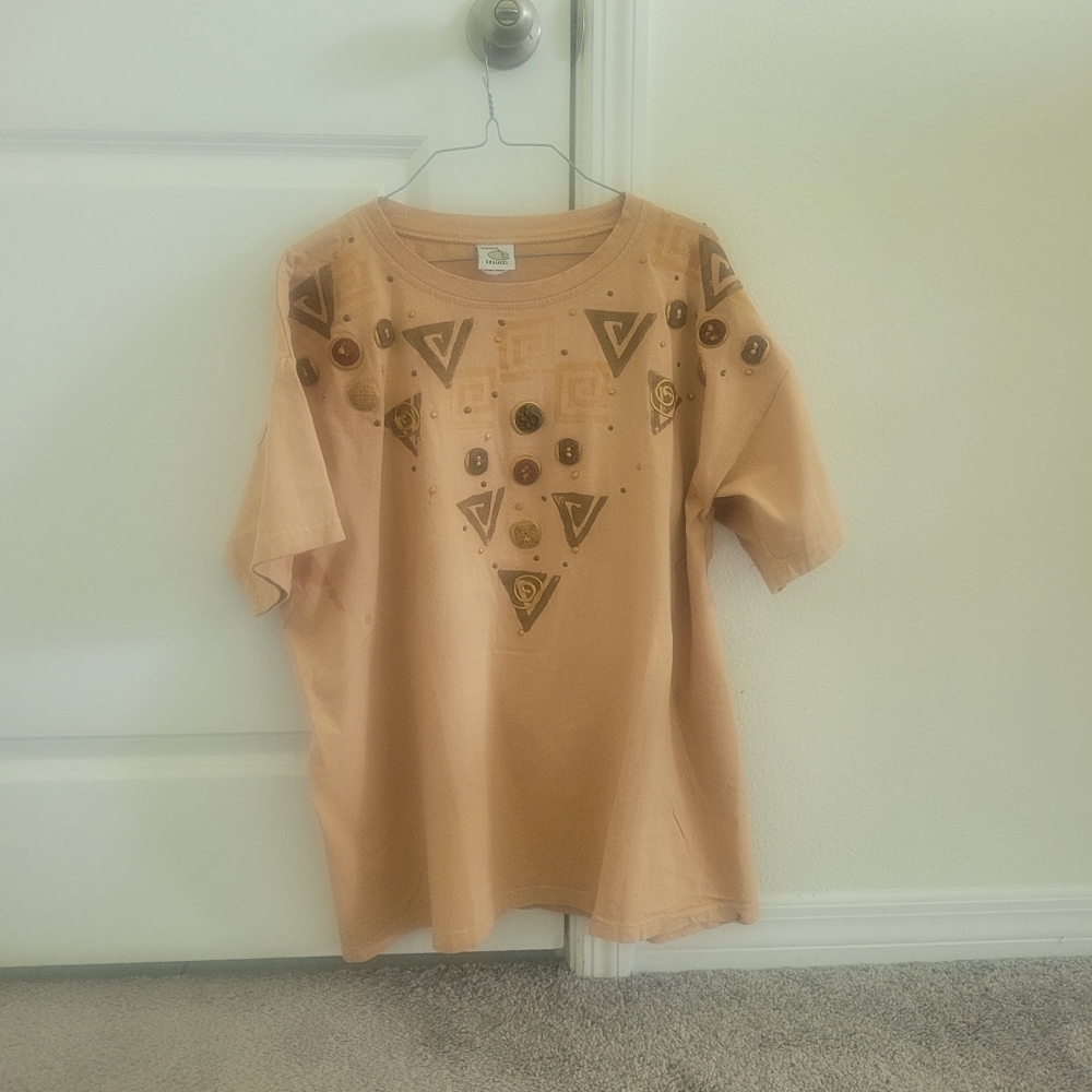 Vintage 90s Cesucci Hand Painted Embellished Tee Tan Brown Geometric Art Shirt - Picture 10 of 10